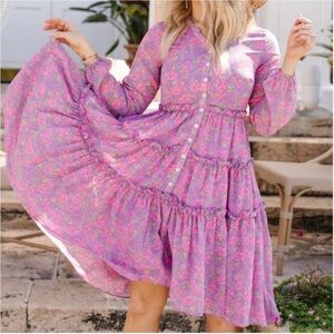 Ivy City Co Lavender Floral Long Sleeve Tiered Dress
